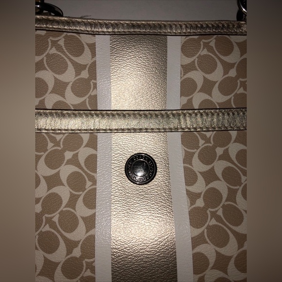 COACH Heritage Signature Stripe Gold Tote Double Handle Handbag Purse - Picture 3 of 16